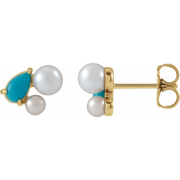 14K Yellow Gold Natural Turquoise & Cultured White Akoya Pearl Earrings - Picture 2 of 3